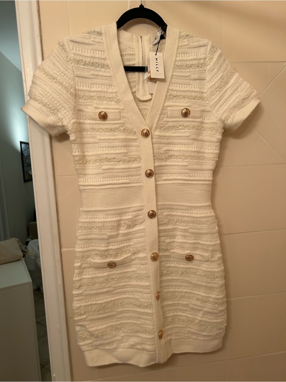 Milly Cream Textured Short-Sleeve Knit Dress with Gold Buttons